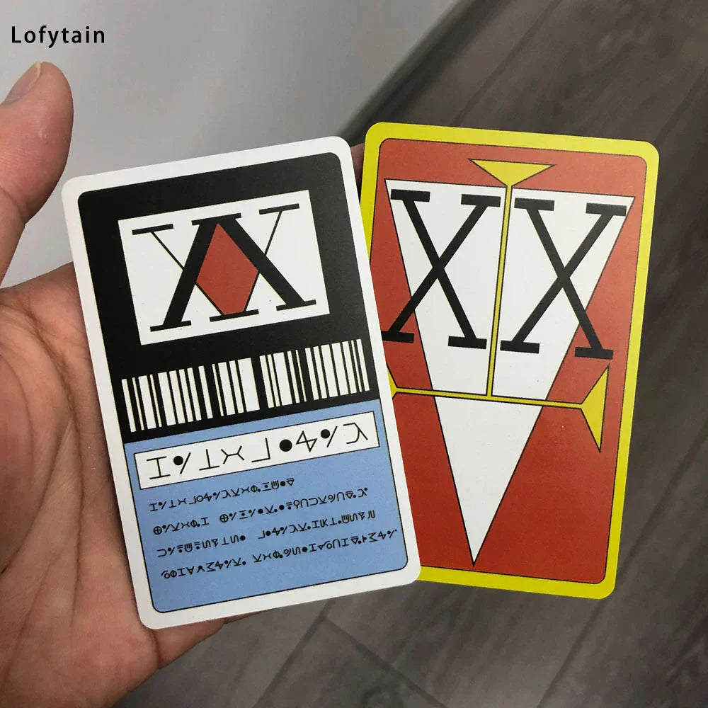 Pair of rectangular anime-inspired cosplay license cards featuring red and black geometric symbols and text