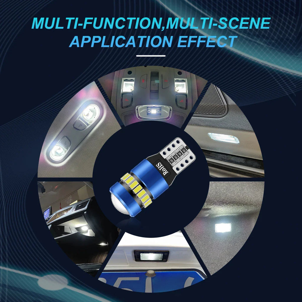 Multiple applications of T10 LED bulbs inside car interior