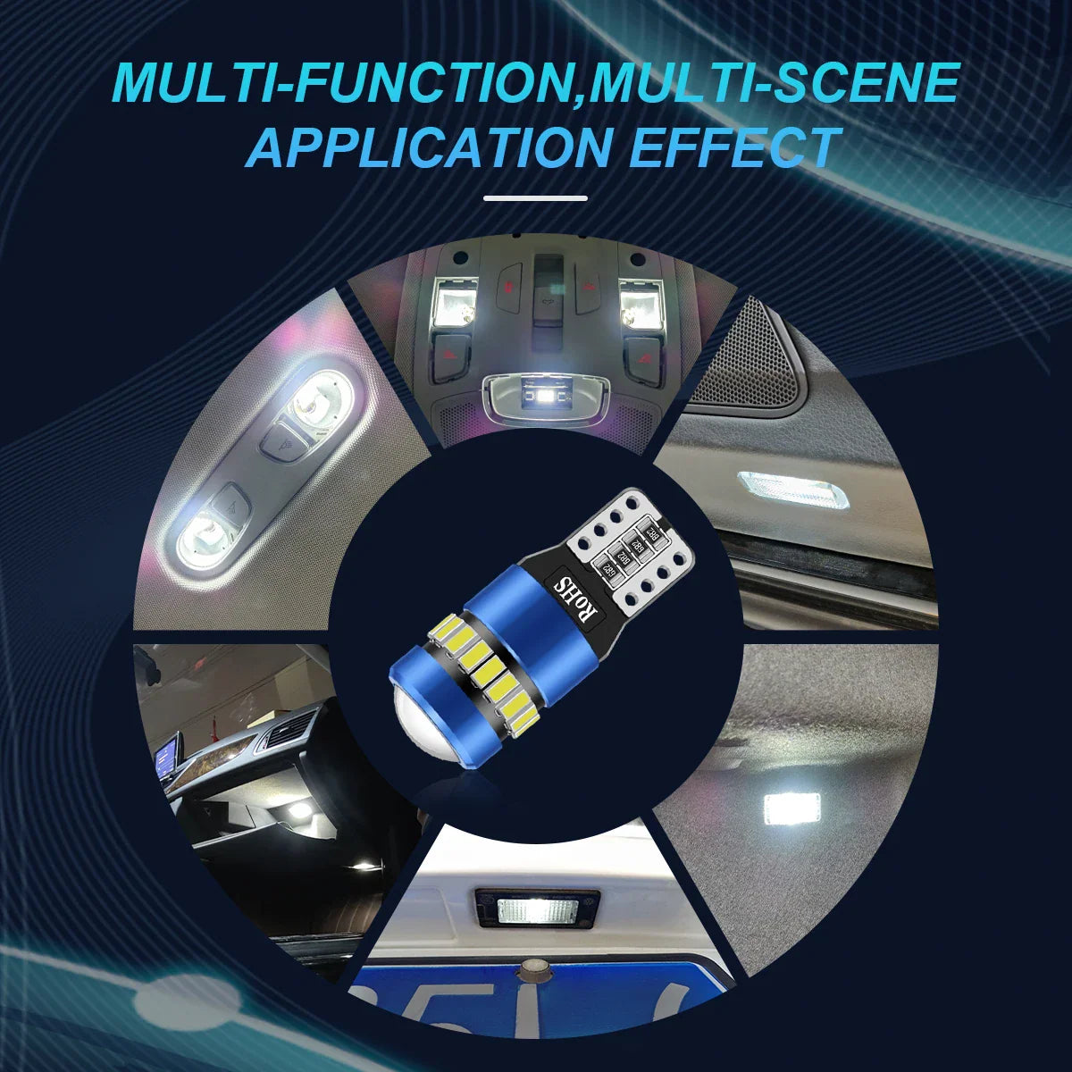 Multiple applications of T10 LED bulbs inside car interior