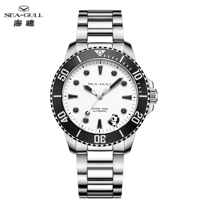 Men's silver-tone stainless steel diver watch with white panda dial, black rotating bezel and metal link bracelet.