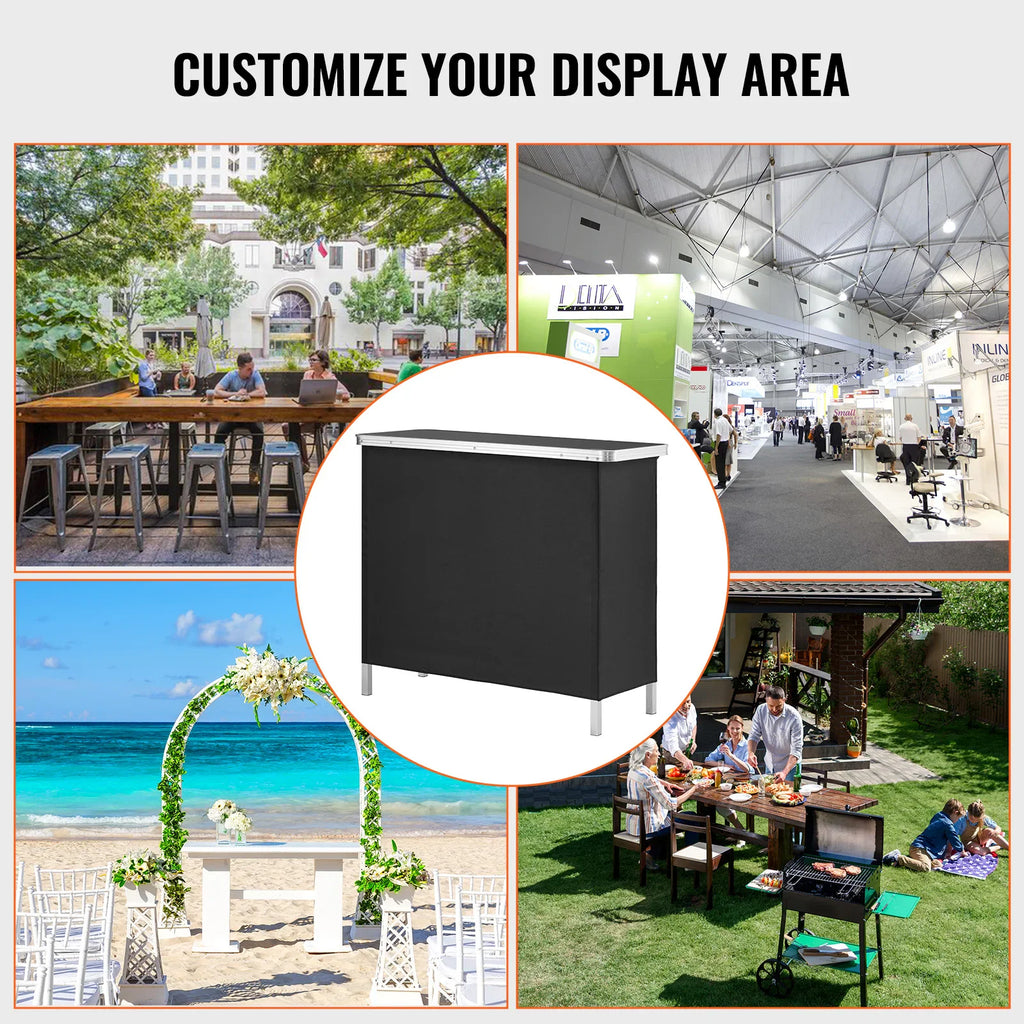 Portable black exhibition bar table showcased in various event settings including trade shows and outdoor parties