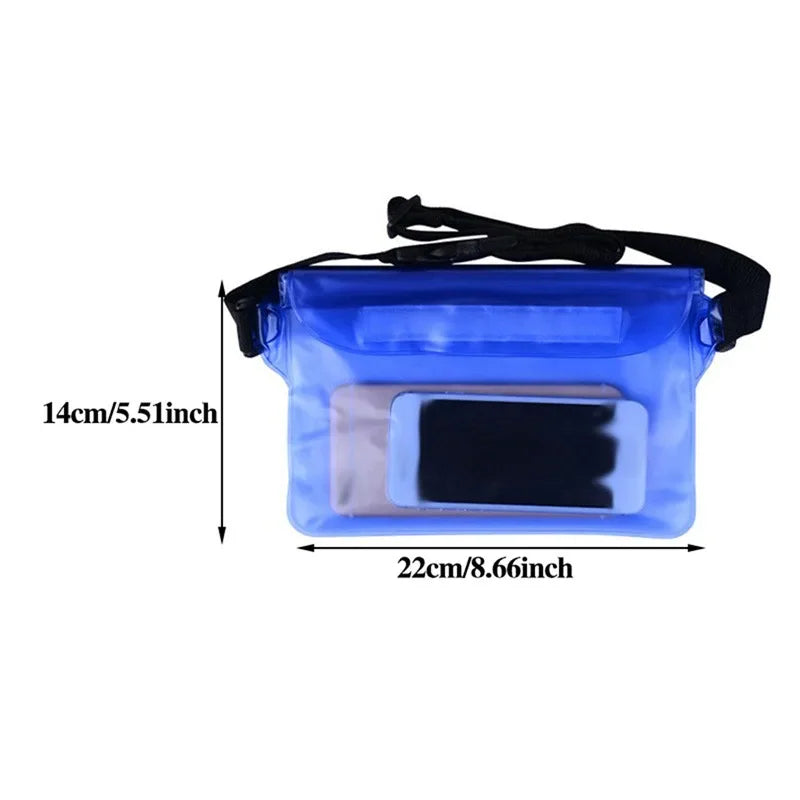 A blue waterproof bag featuring dimensions in centimeters and inches