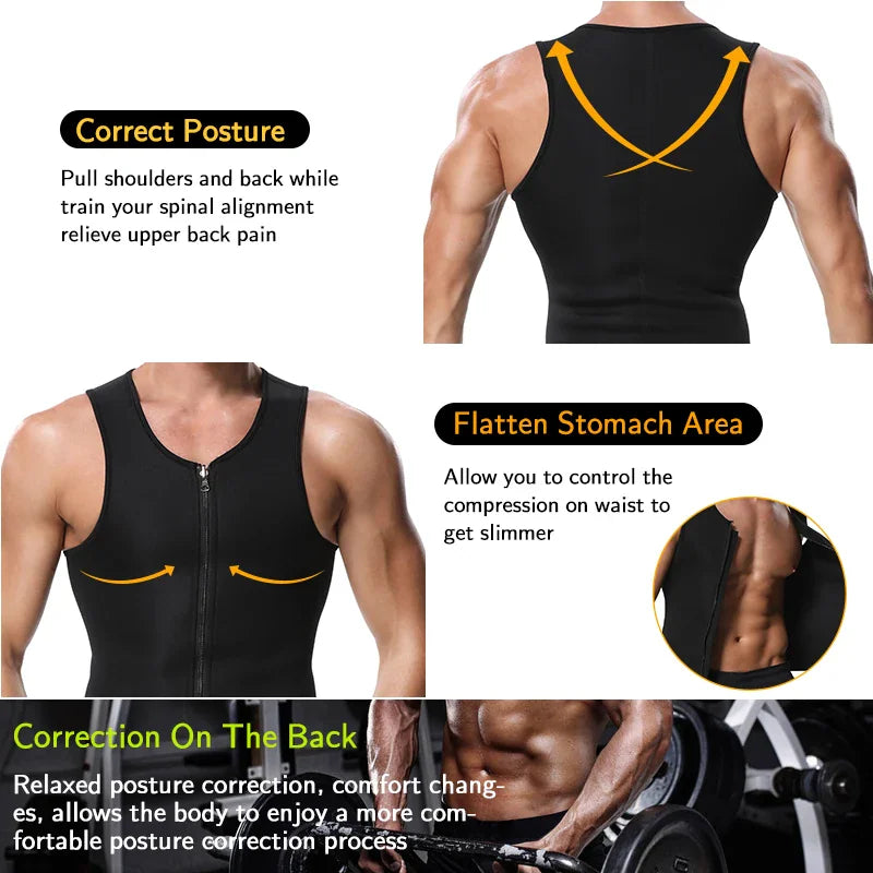 Men's black neoprene waist trainer vest showing features for posture and stomach compression
