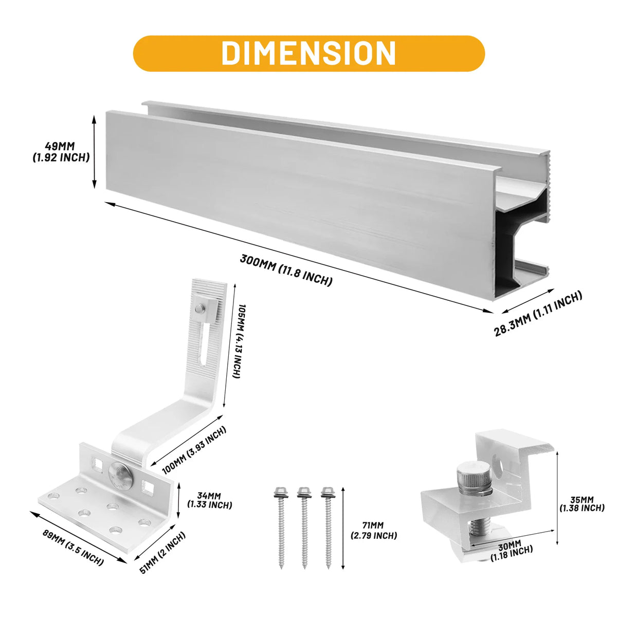 Detailed dimensional diagram of aluminum solar panel roof mounting rail and L-shaped mounting hook