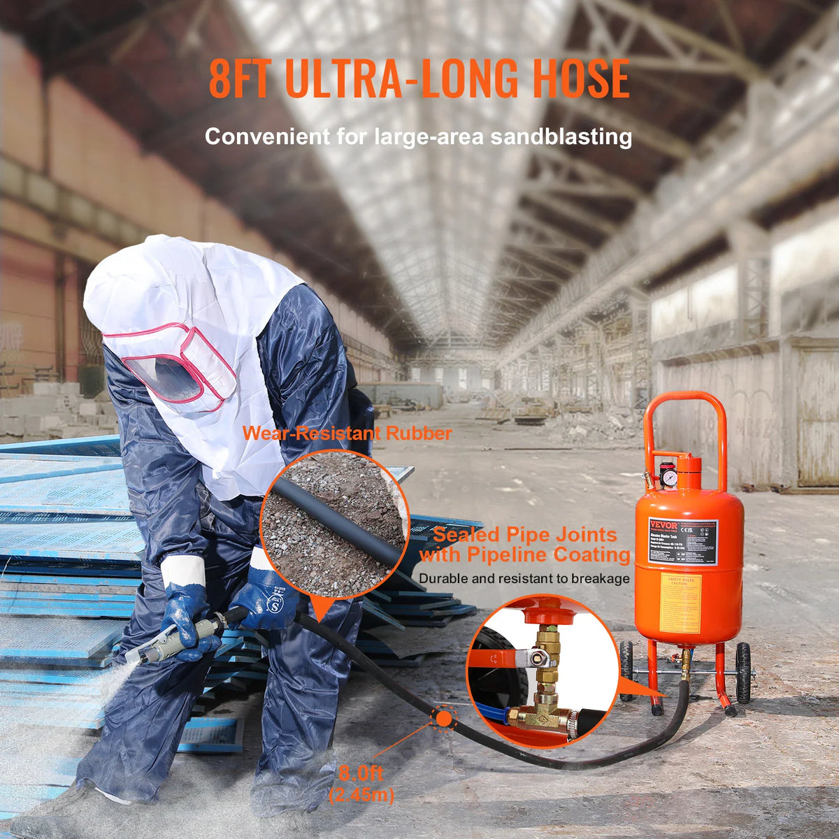Portable sandblaster tank with 8ft hose being used by a person in protective gear