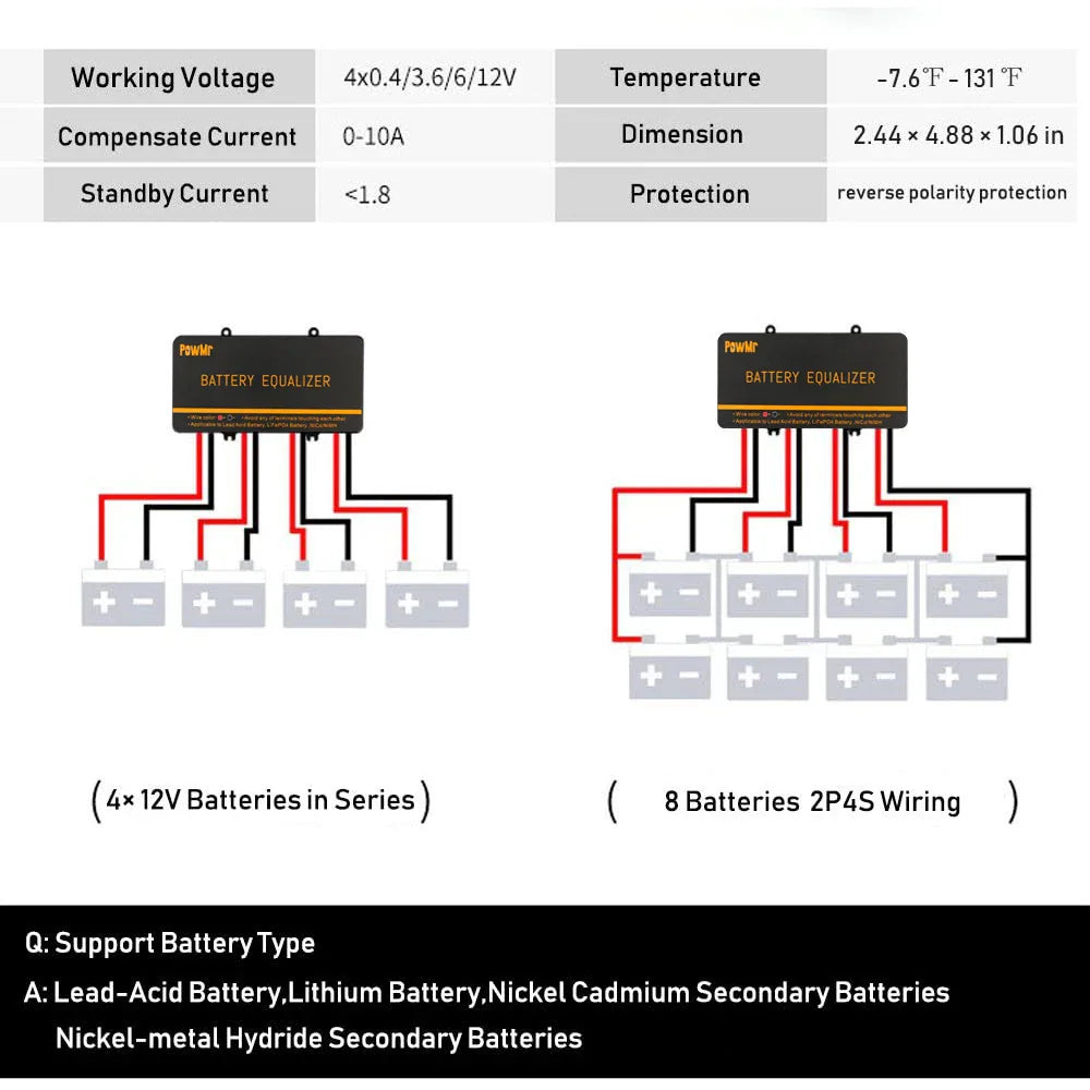 Technical diagram showing wiring configurations for battery equalizers