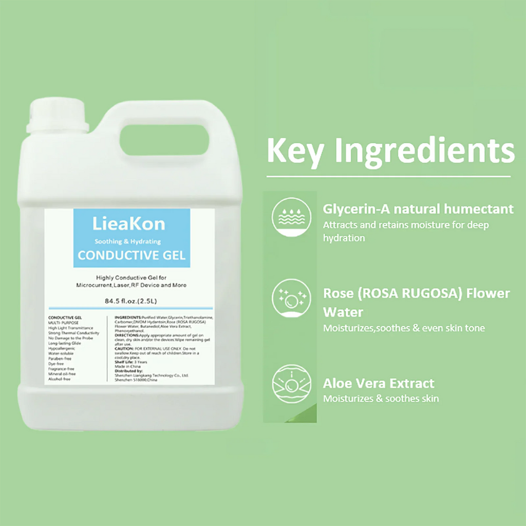 Container of conductive gel beside informational text about its glycerin, rose water, and aloe vera ingredients