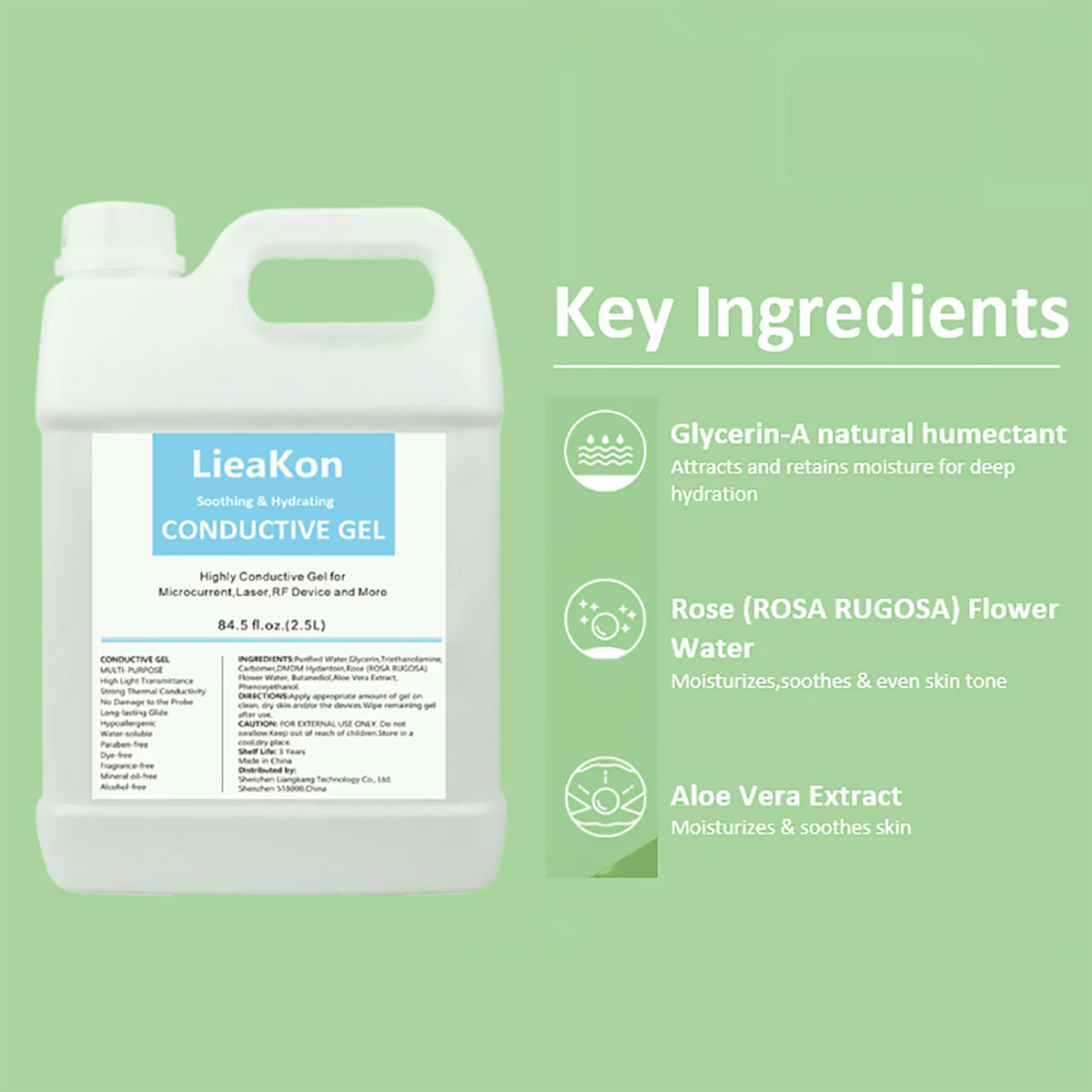 Container of conductive gel beside informational text about its glycerin, rose water, and aloe vera ingredients