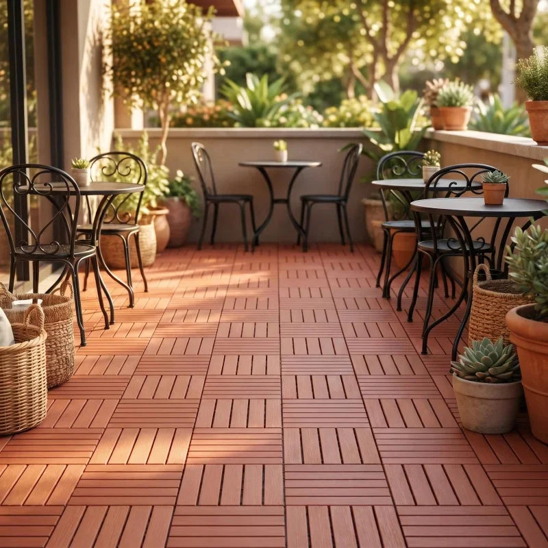 Patio cafe tables on red interlocking plastic floor tiles