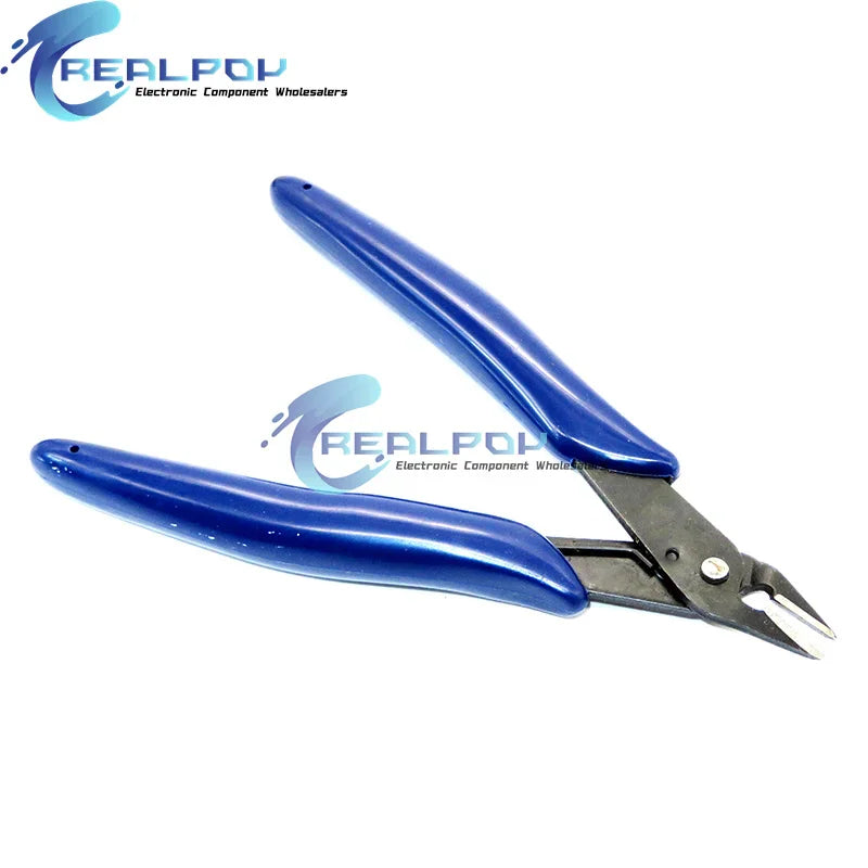 Bottom view of blue handled diagonal cutting pliers