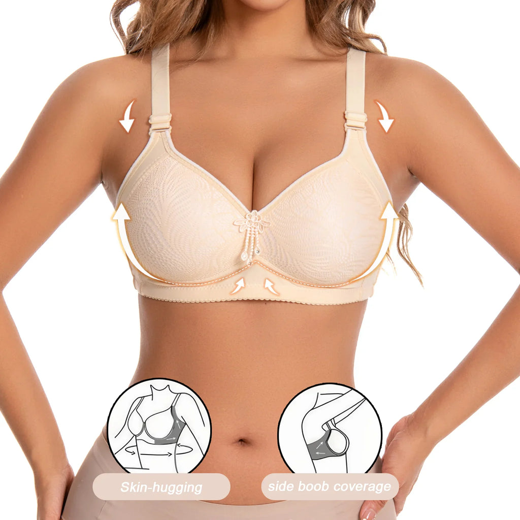 A woman wearing a beige wireless bra with side support and skin-hugging features