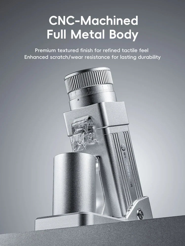 Silver electric coffee grinder with a CNC-machined full metal body and durable finish