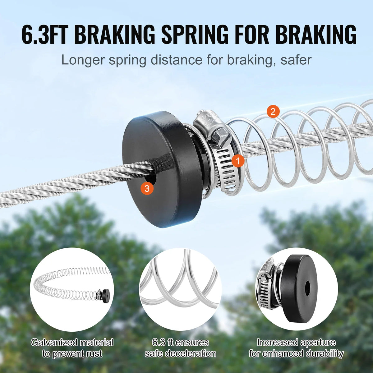 Close up of a stainless steel zipline braking spring with mounting hardware.