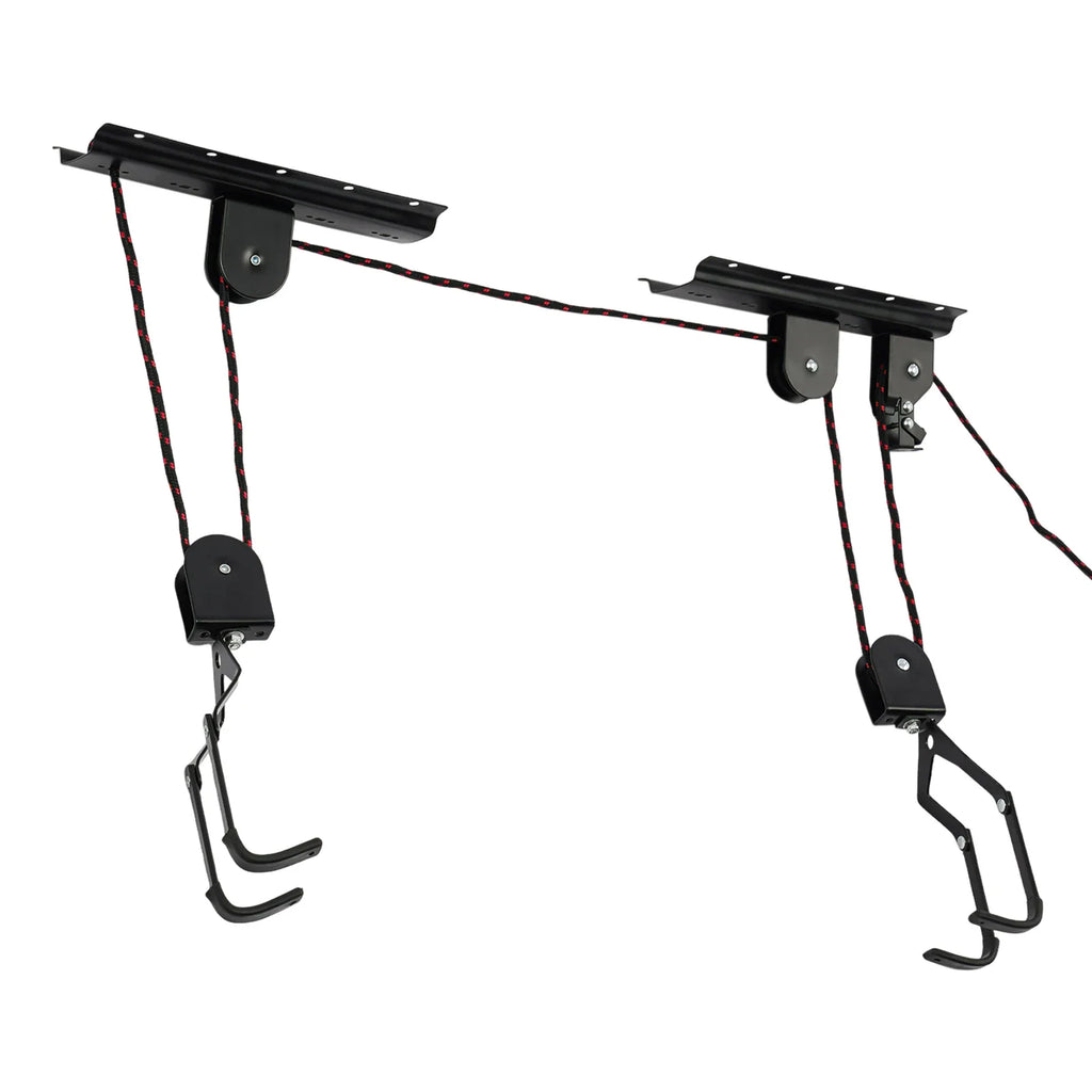 A black pulley hoist system designed for overhead bicycle storage, shown isolated.