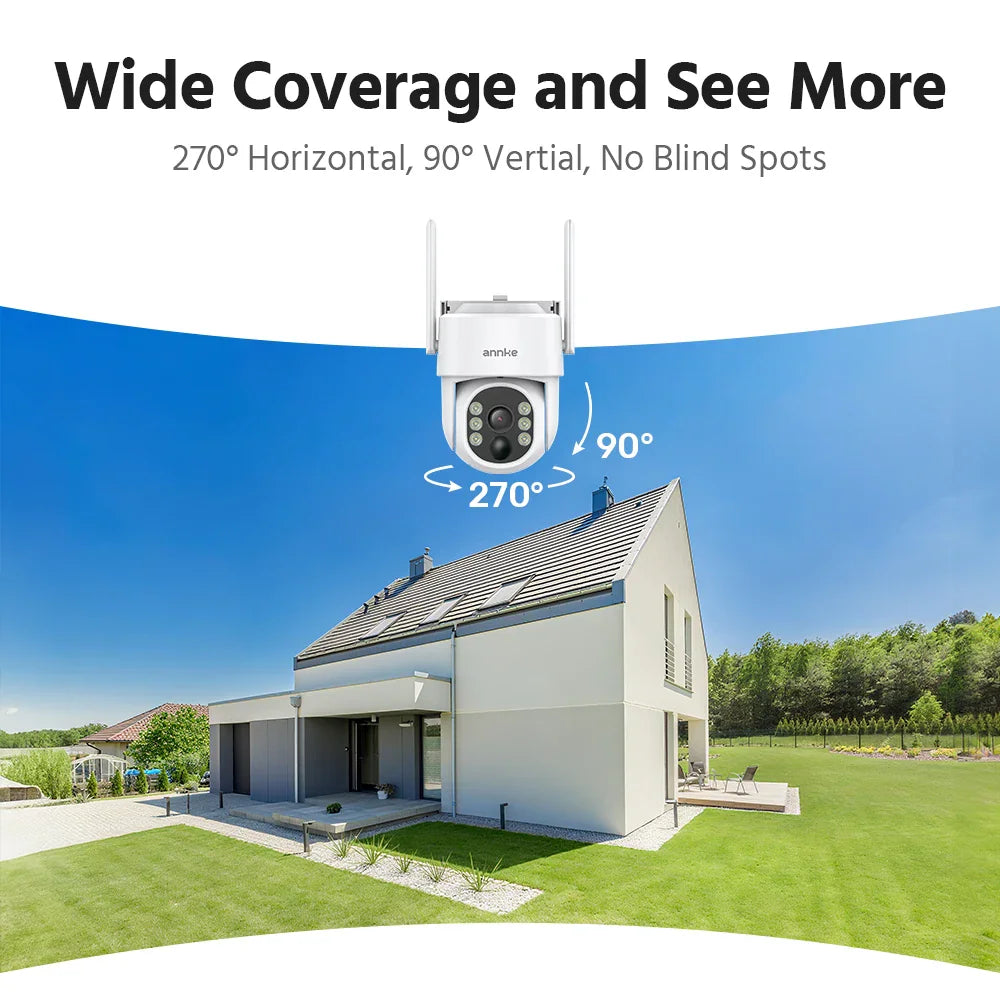 A panoramic diagram showing a security camera covering 270 degrees horizontal and 90 degrees vertical angles