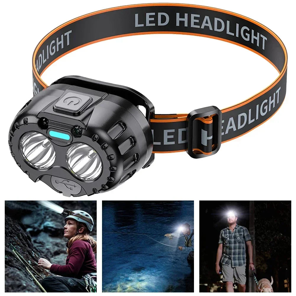 LED headlamp shown worn by people while climbing fishing and walking a dog at night