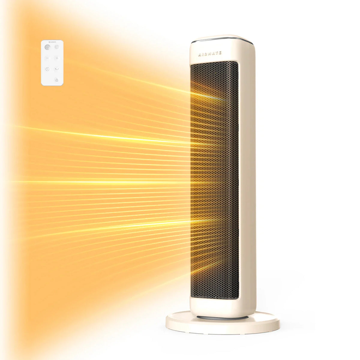 Off-white tower ceramic space heater with remote control showing projected heat waves