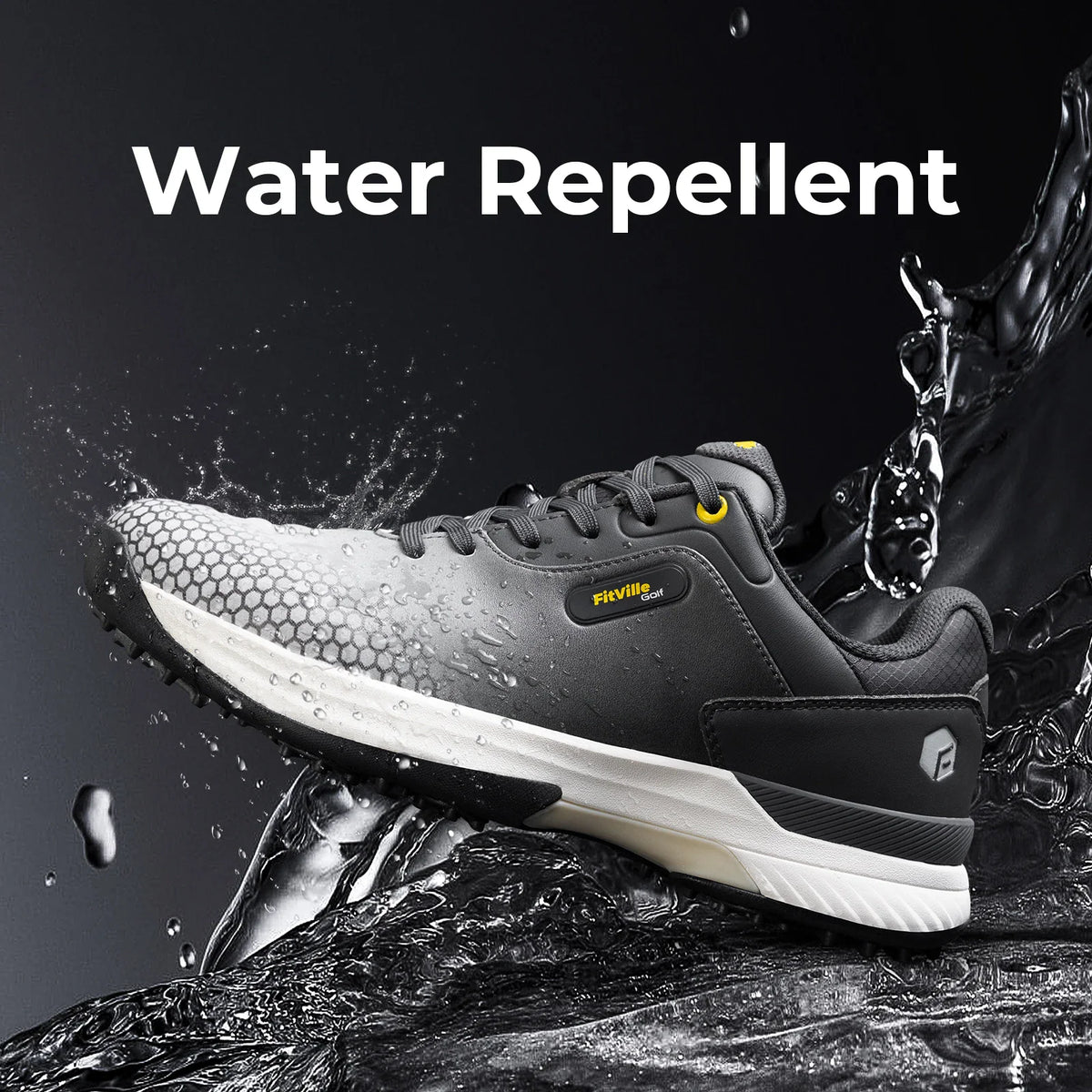 A water-repellent grey golf shoe being splashed with water.