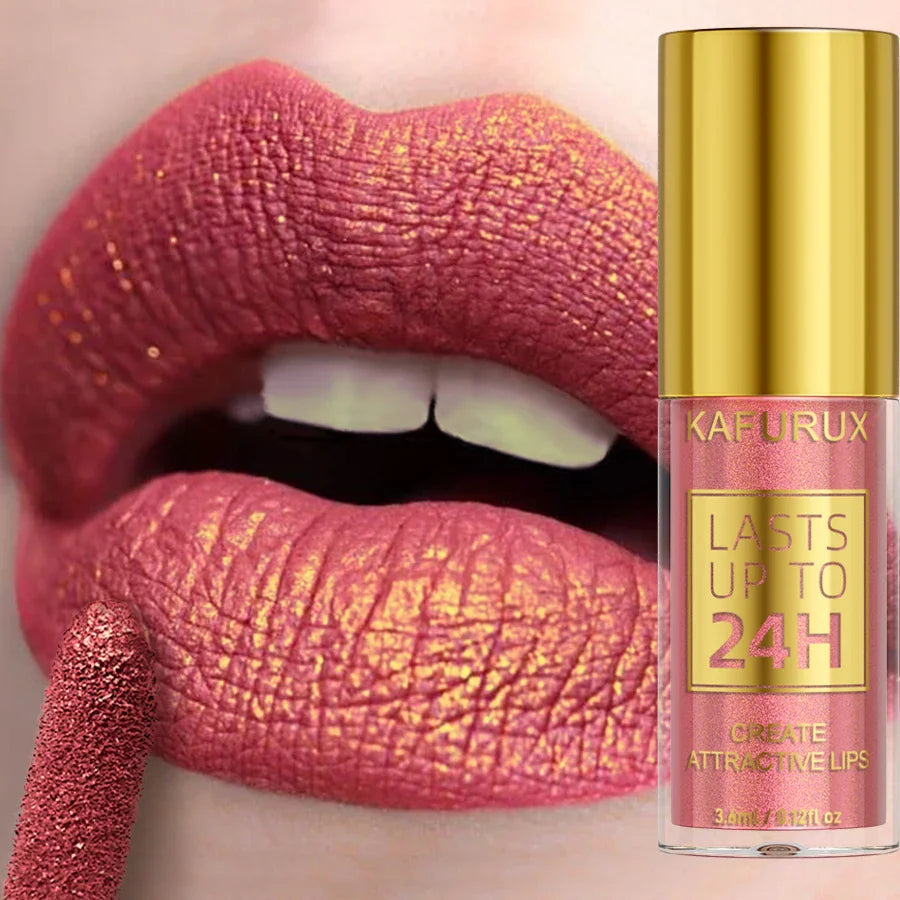 A lipstick applicator next to lips wearing a metallic pink glittery shade, with the product bottle shown.