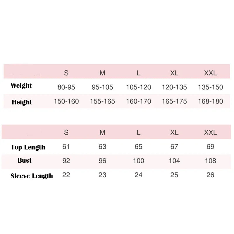 Size chart table for women's yoga shirts showing weight, height, length, bust and sleeve length measurements