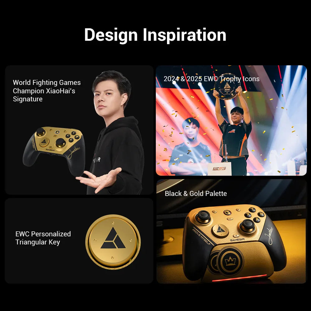 Design inspiration for golden PC gaming controller featuring pro player and trophy icon