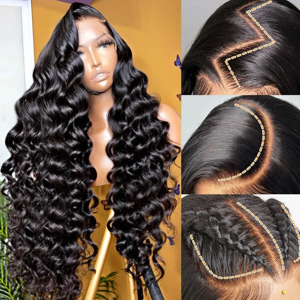 Long black curly lace front human hair wig with detailed views of the parting and hair braiding