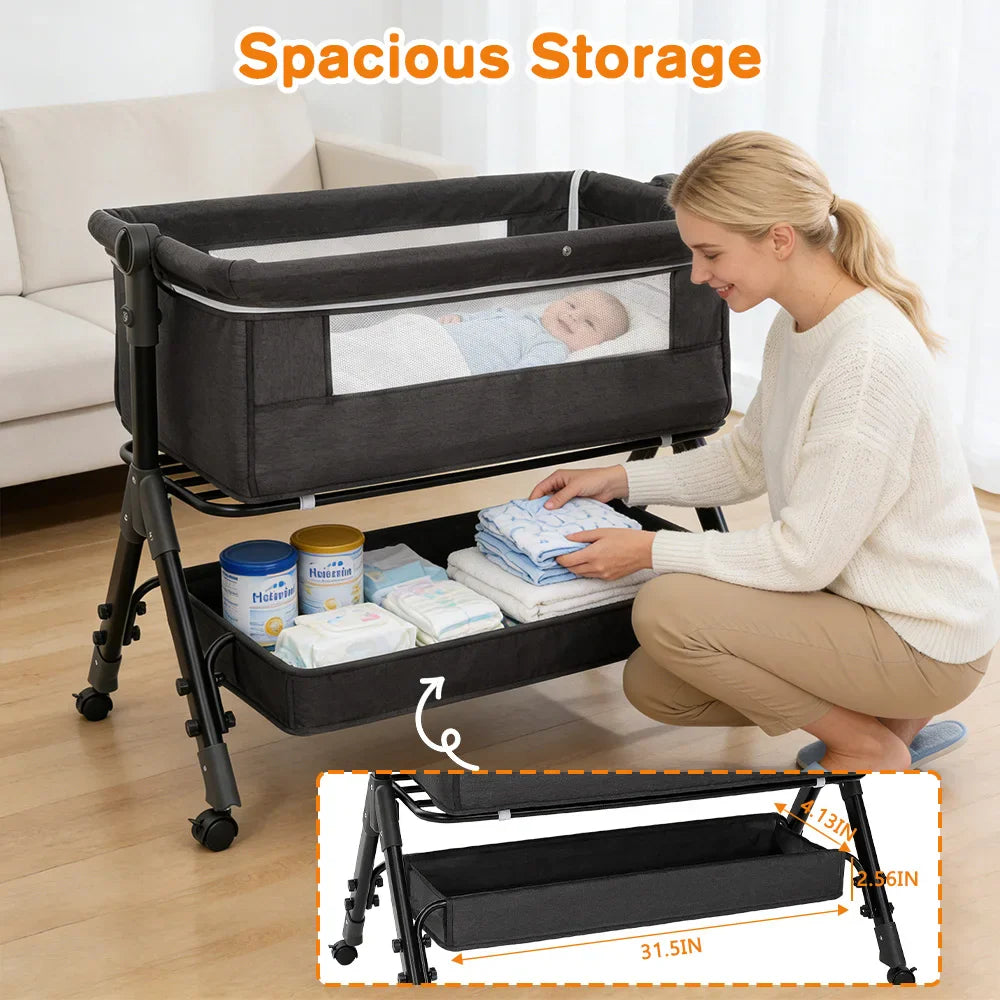 A woman organizing baby supplies in the storage basket beneath a grey baby bassinet with dimension call-outs.