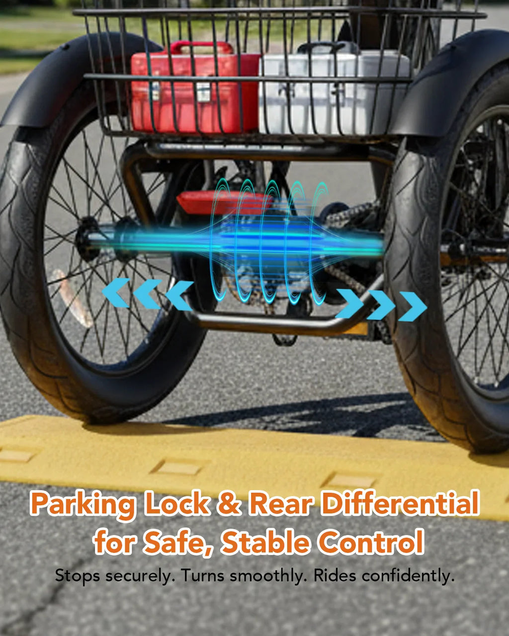 Rear view of an electric trike on a road, highlighting the rear differential system.