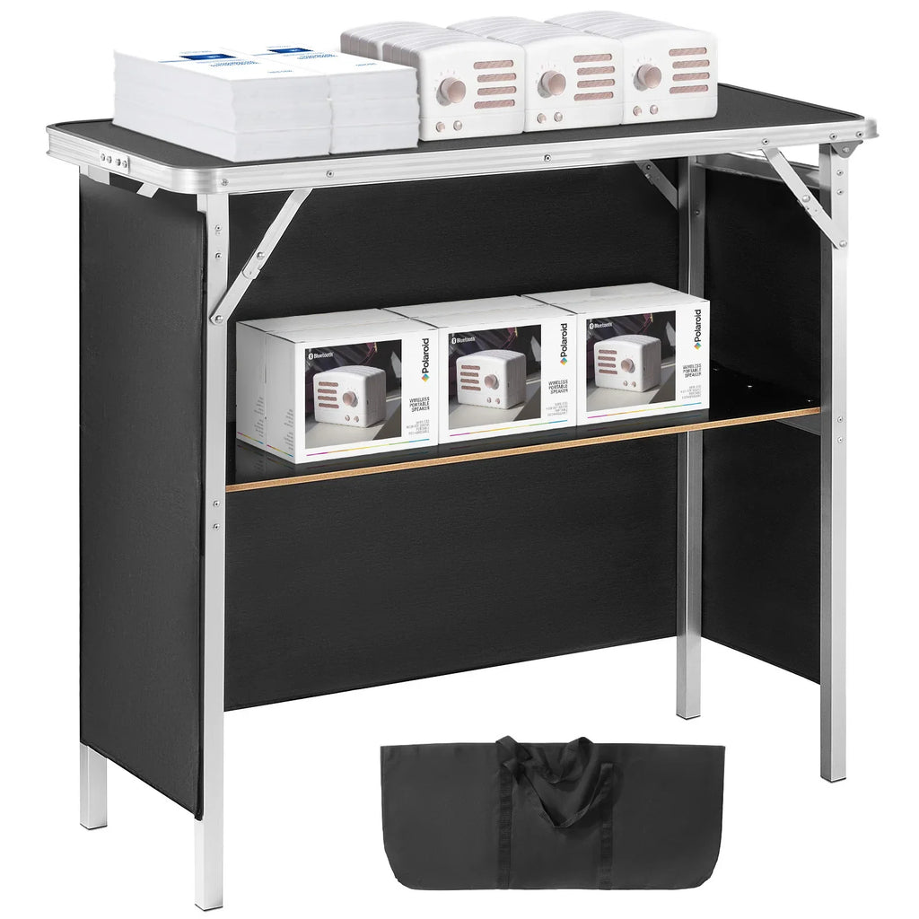Portable folding bar table for exhibitions and events with two tiers and a carrying case