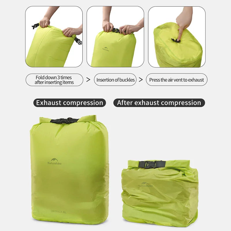 Instructions showing how to fold, buckle, and compress air out of a waterproof dry bag
