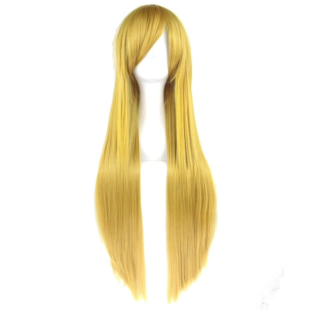 Long straight golden blonde cosplay wig with bangs on a mannequin head, front view