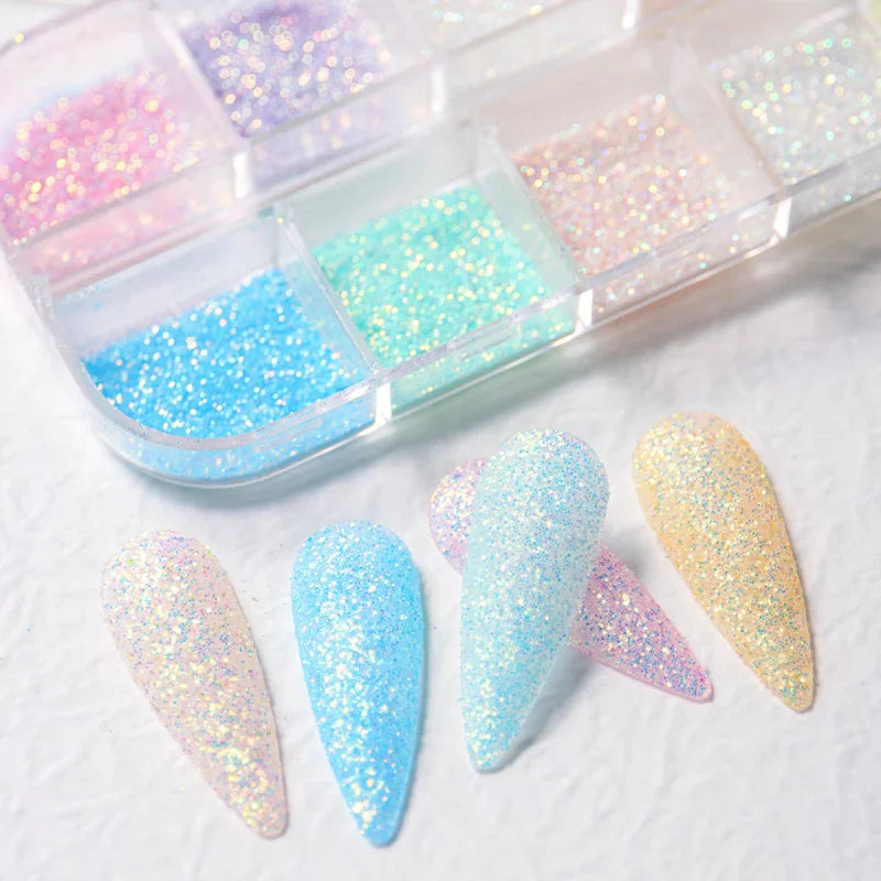 12-grid set of holographic sugar nail powder with examples of glittery nail tips