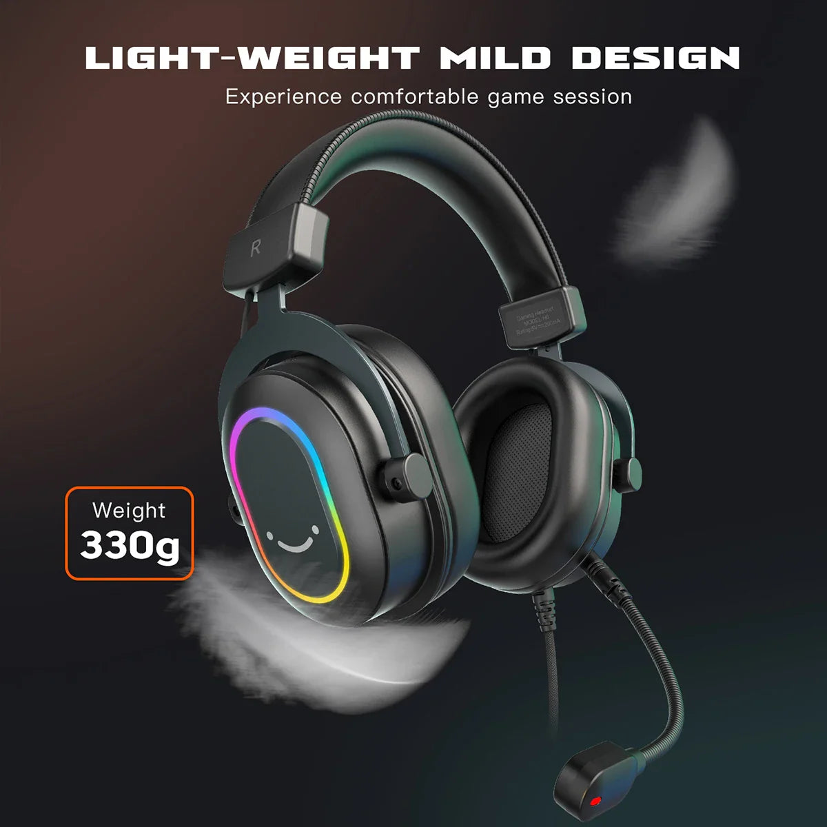 Black lightweight 330g gaming headset with RGB light detail