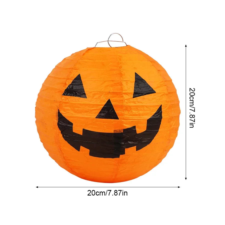 Single orange jack-o'-lantern paper lantern with dimension labels