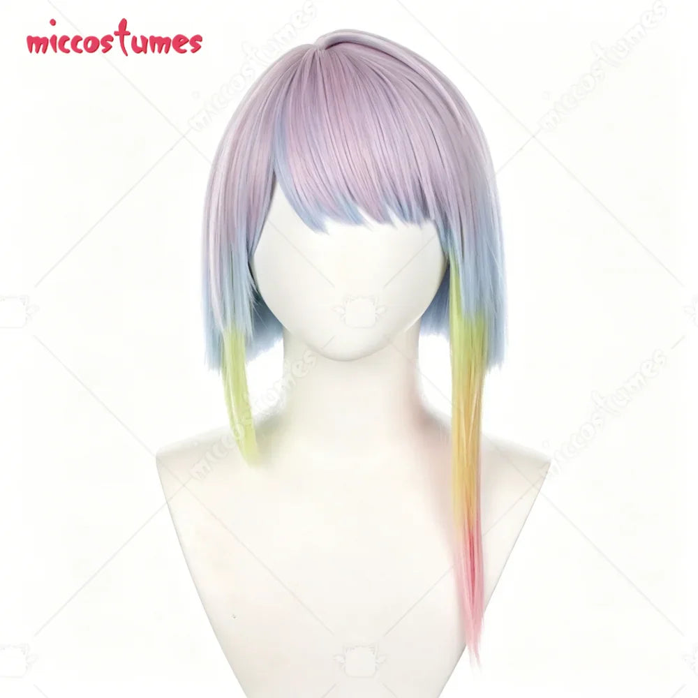 A short, straight, multi-colored bob wig for cosplay on a mannequin head.