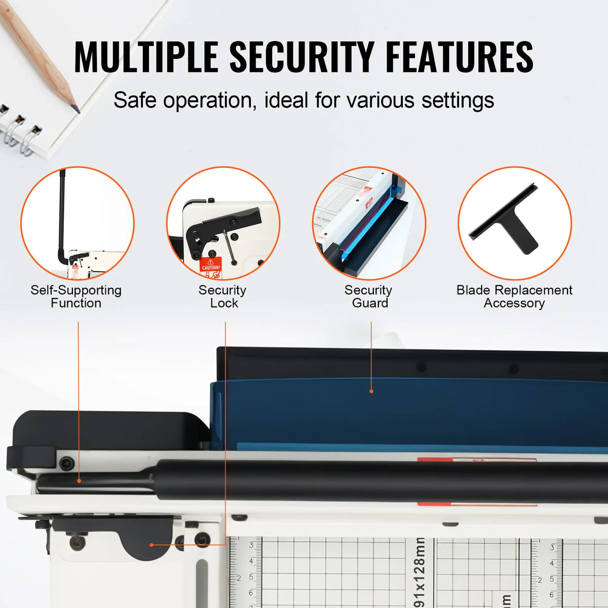 Paper cutter showing security lock, guard, and blade replacement tool features.
