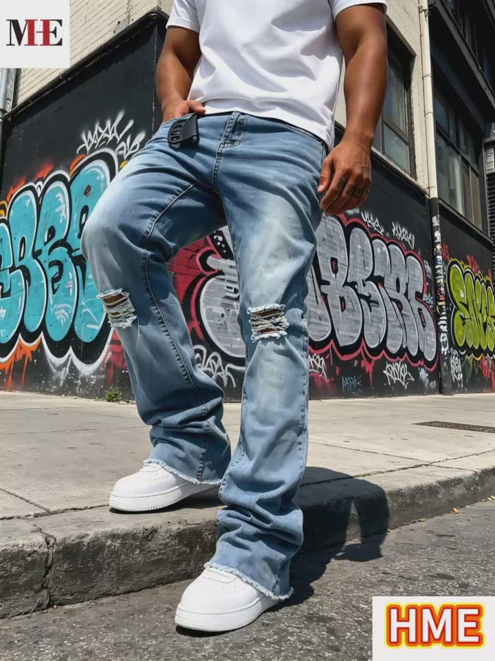 HME Men's Light Blue Distressed Flared Jeans with Knee Rips