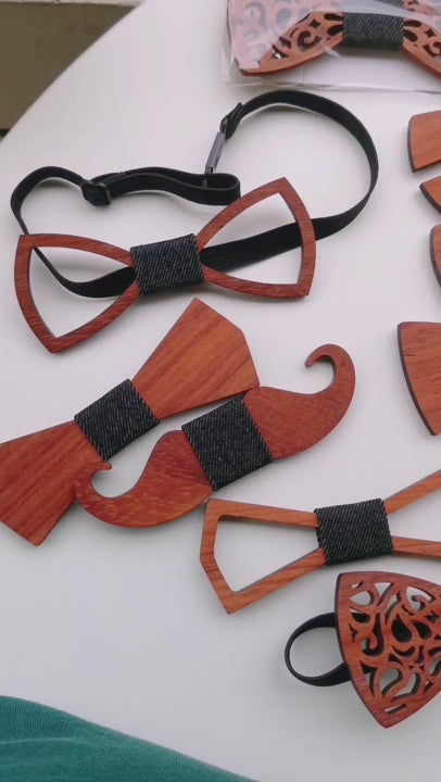 Vintage Wooden Bow Tie - Adjustable Strap Geometric Carved Bamboo