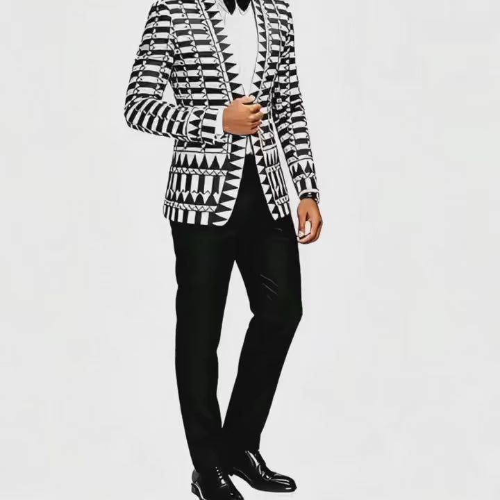 Men Geometric Print Slim Fit Shawl Lapel Tuxedo Blazer