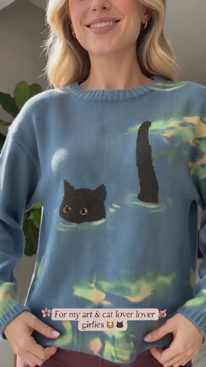 Women's Loose Knit Crew Neck Sweater with Cat Ocean Painting Print